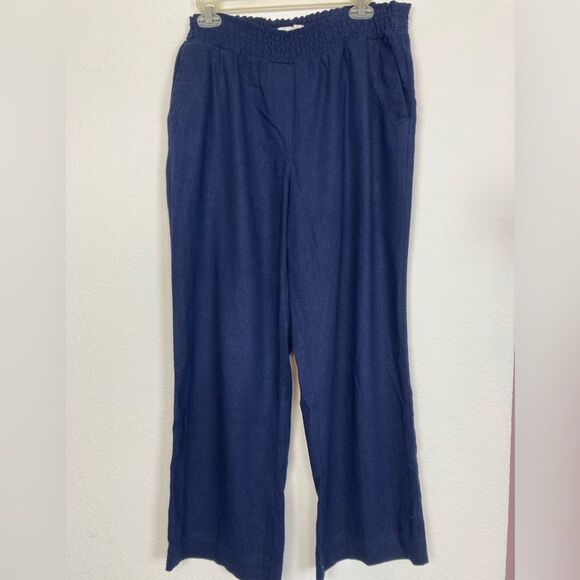 Land ‘ N Sea Navy linen high waist Wide-Leg Pants w/pockets & elastic waist - Picture 2 of 10